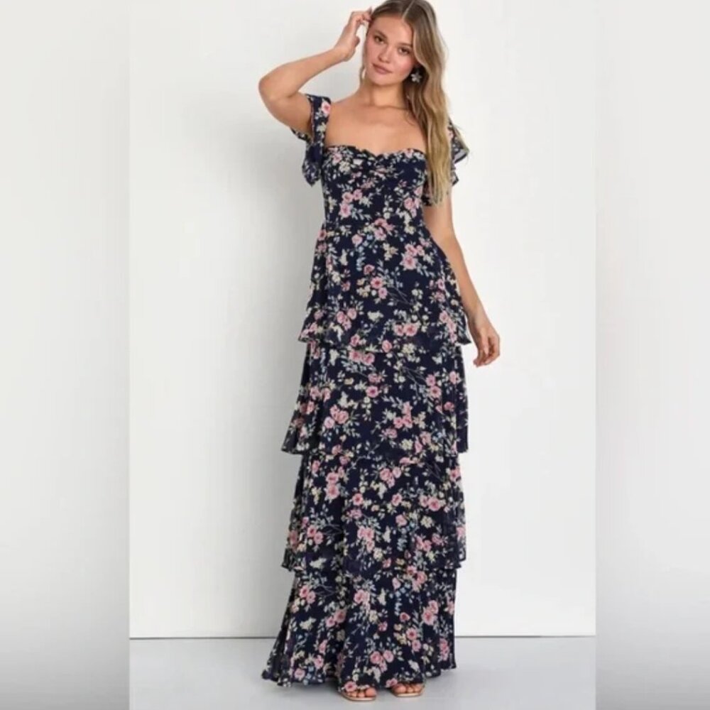 Lulus Charming Passion Navy Blue Floral Off-the-Shoulder Maxi Dress | Size M